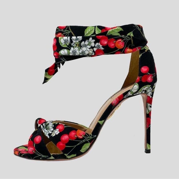 Aquazzura All Tied Up Sandals w/ Knot Tie Accent Cherry Red HEIGHT: 4” Sz 37.5 7 - Picture 1 of 5